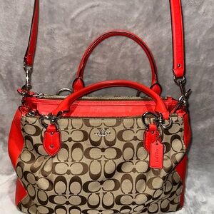Vintage Coach handbag, Red leather and Brown, tan iconic logo print.